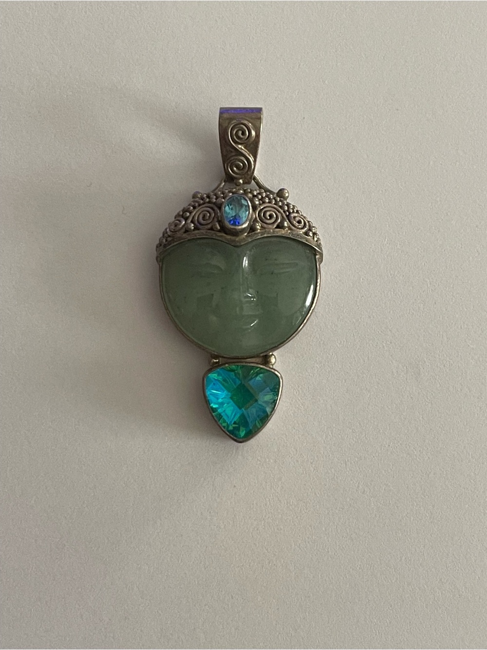 Green Jade Buddha Pendant Necklace with Blue Crystal Accents